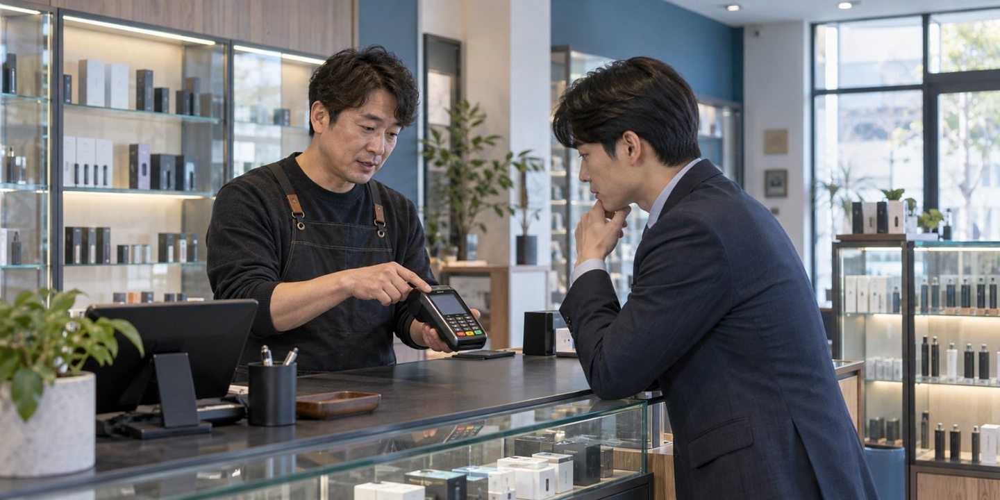 매장 카운터에서 단말기 이용을 설명하는 두 사람 — 배달대행 PG사 신청 입금일입금일, 나가는 날에 맞춰 같이 고릅니다. 연락 주시면 당일정산부터 따져 봐요.