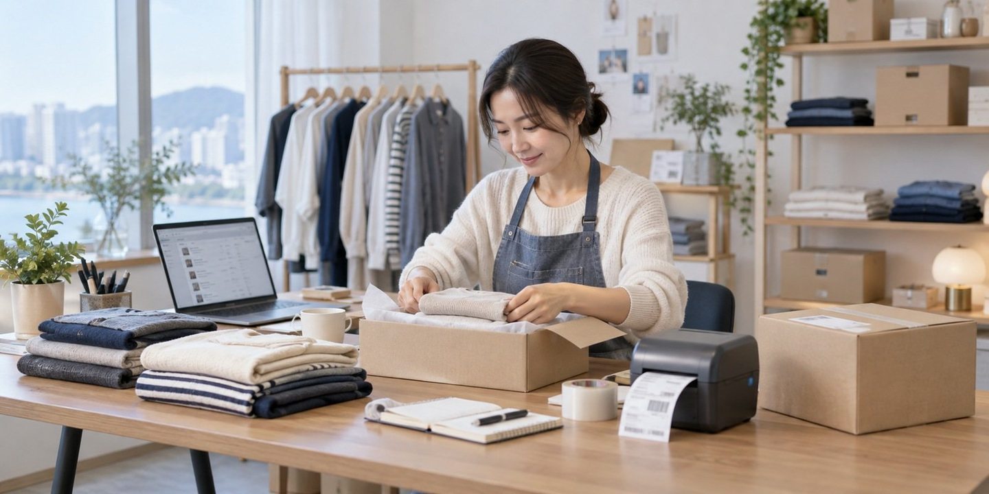 상품 포장 공간에서 노트북으로 업무를 보는 운영자 — 배달대행 PG사 신청 기사 결제와 지사 정산, 맡길 칸부터 가입비 0원으로 같이 정하세요.