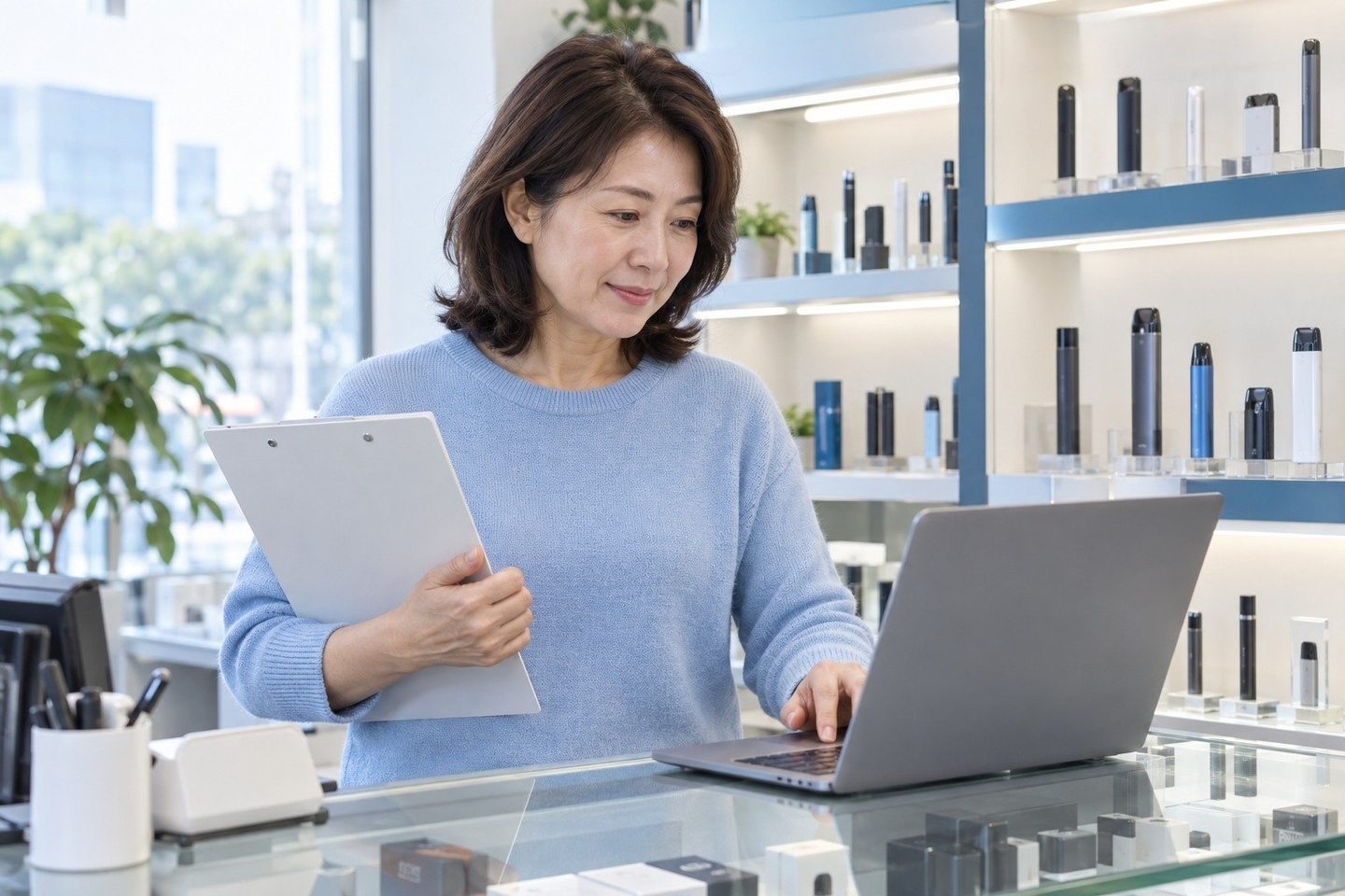 온라인 업무를 위해 노트북을 사용하는 여성 — 배달대행 PG사 신청 서류서류, 한 장씩 상담에서 같이 챙깁니다. 연락 주시면 걸리는 종이부터 추려요.